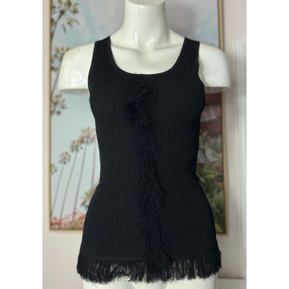 Derek Lam 10 Crosby Black Ribbed Knit Fringe Sleeveless Tank Top Cami XS